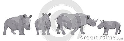 Collection of adult white and black african rhinos and their young Vector Illustration